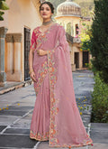 Pink Multi Embroidery Designer Tissue Silk Saree