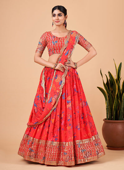 Orange Sequence Embroidery Floral Festive Lehenga Choli