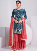 Teal Blue And Peach Embroidery Festive Sharara Style Suit