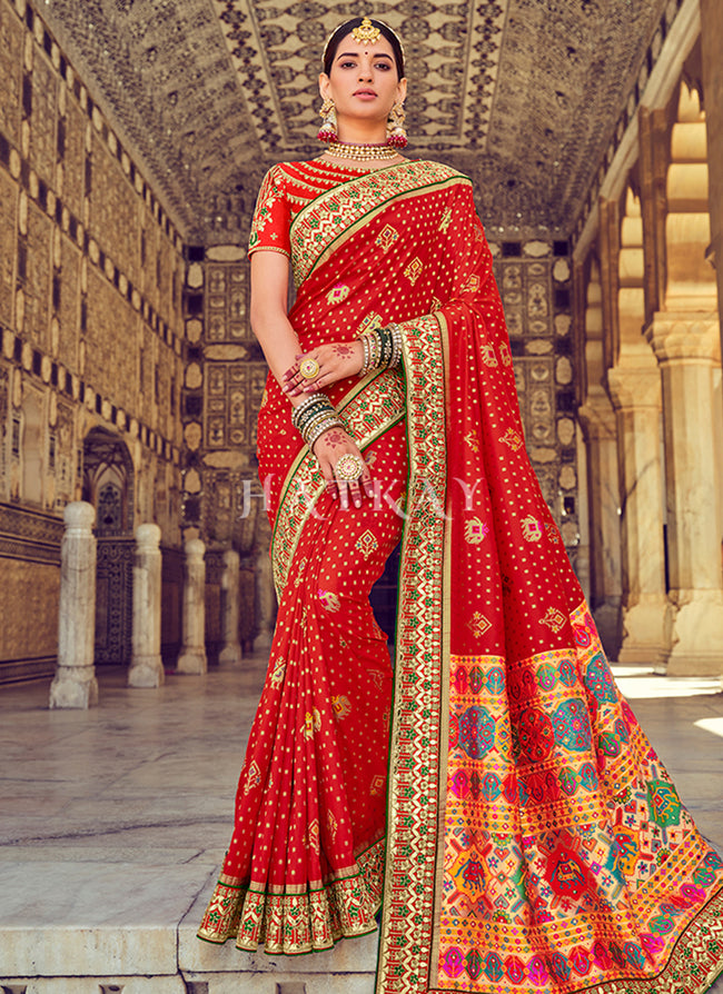 Red Embroidered Patola Silk Wedding Saree