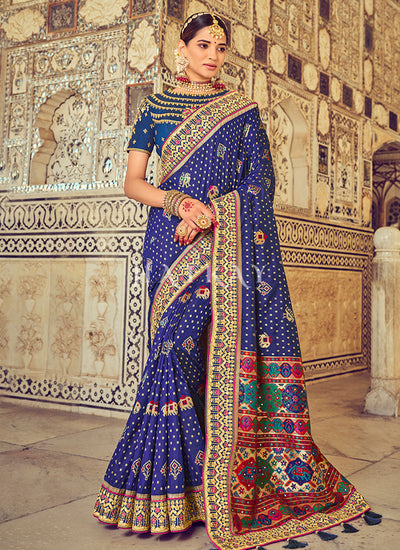 Blue Embroidered Patola Silk Wedding Saree