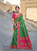 Green And Pink Traditional Embroidered Banarasi Silk Saree