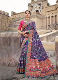 Blue And Pink Traditional Embroidered Banarasi Silk Saree