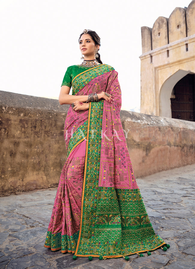 Pink And Green Traditional Embroidered Banarasi Silk Saree