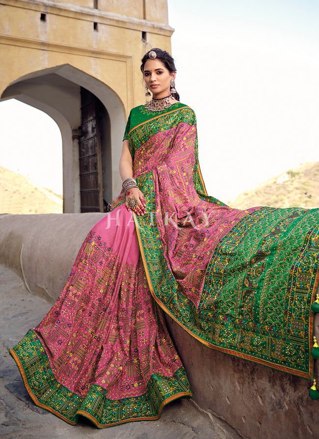Buy Pink And Green Banarasi Silk Saree In USA UK Canada