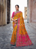 Yellow And Pink Traditional Embroidered Banarasi Silk Saree