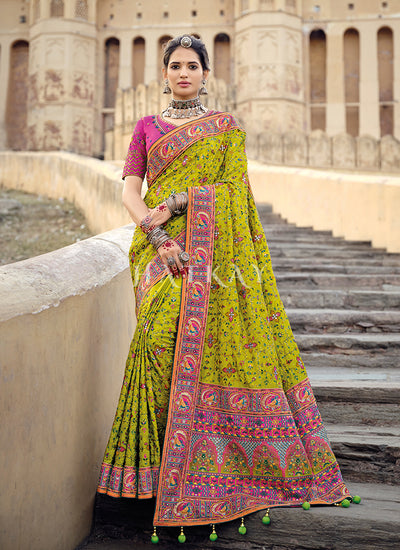 Lime Green And Pink Traditional Embroidered Banarasi Silk Saree
