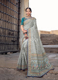 Grey And Blue Traditional Embroidered Banarasi Silk Saree