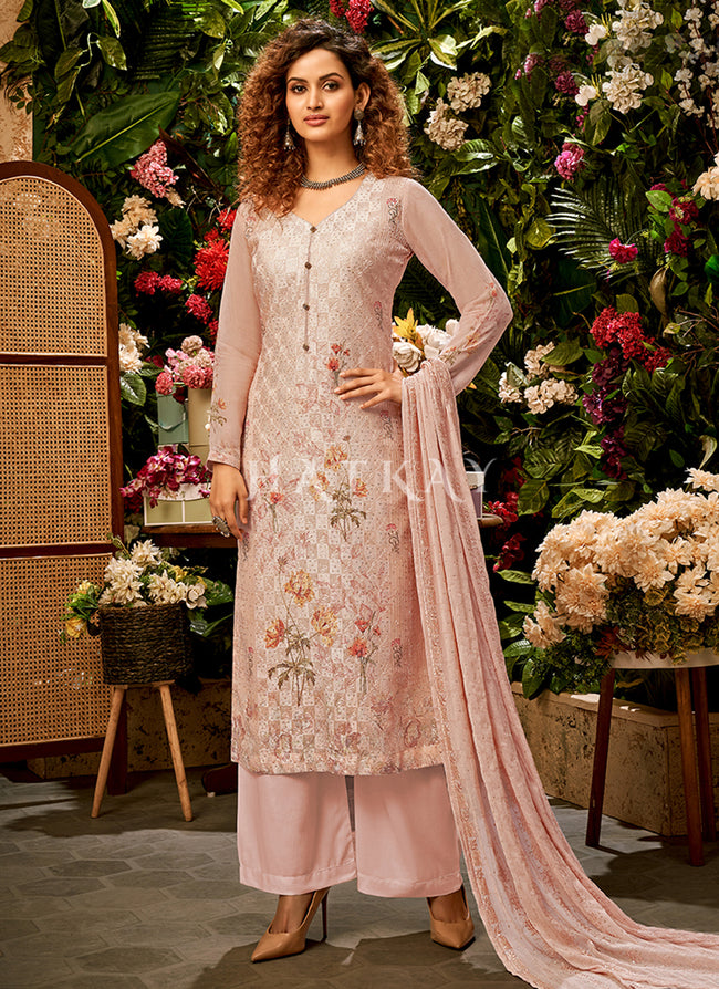 Embroidered Work Net Fabric Party Wear Luxurious Palazzo Suit In Pink Color