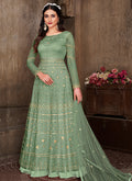 Green Thread Embroidery Net Anarkali Suit