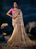 Beige Pink Sequence Embroidered Festive Saree