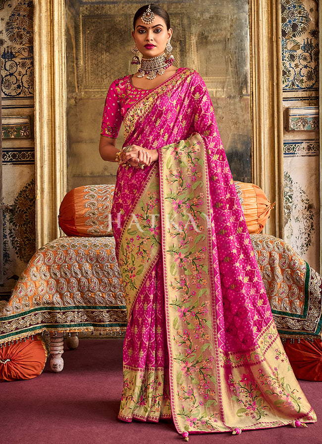 Magenta Pink Multi Embroidery Traditional Silk Saree