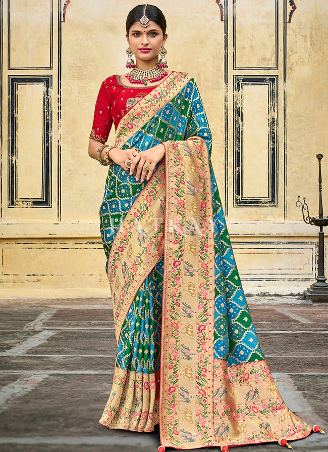 Turquoise And Red Multi Embroidery Traditional Silk Saree