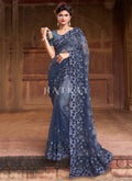 Blue Sequence And Appliqué Embroidery Designer Wedding Saree
