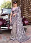 Lilac Purple Sequence And Appliqué Embroidery Designer Wedding Saree