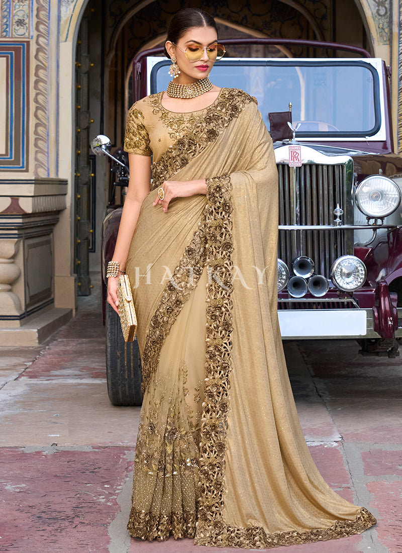 Buy Beige and gold Color lycra designer party wear saree in UK, USA and  Canada