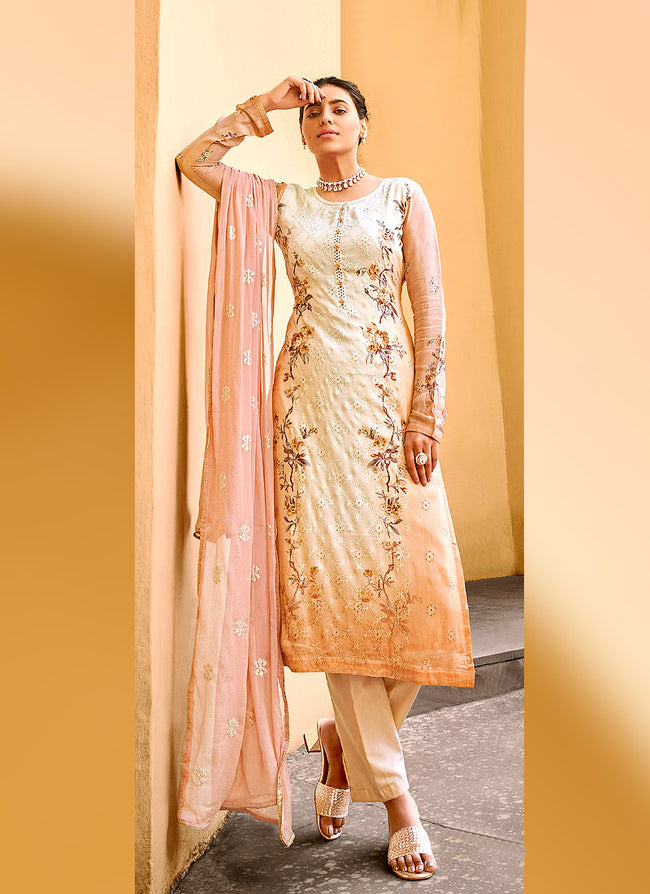 Peach Chikankari Embroidered Pant Style Suit