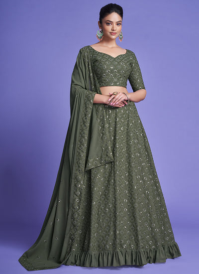 Olive Green Sequence Embroidery Wedding Lehenga Choli