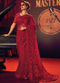 Cherry Red Appliqué Embroidery Partywear Saree