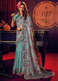 Teal Blue Appliqué And Sequence Embroidery Partywear Saree