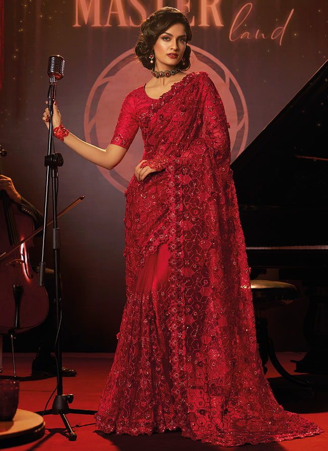 Buy Wedding Saree Scarlet Red Applique Embroidery Partywear Saree At Hatkay