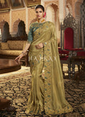 Gold And Teal Multi Embroidered Traditional Saree