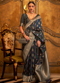 Bluish Black Zari Handloom Weaved Traditional Silk Saree