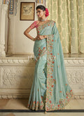 Blue And Pink Multi Embroidered Traditional Saree