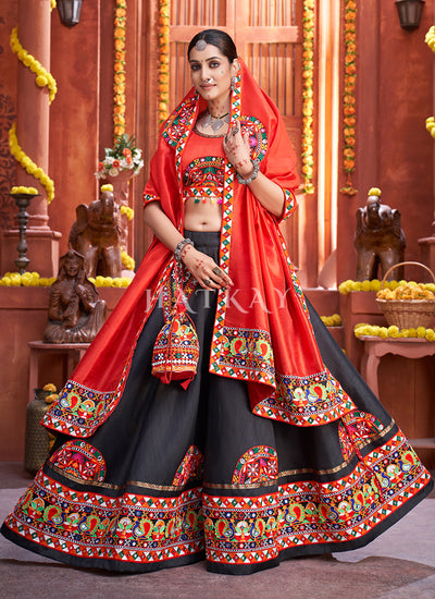Red And Black Kutchi Embroidered Rajwadi Chaniya Choli