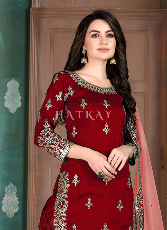 Red Mirror Work Silk Punjabi Patiala Suit