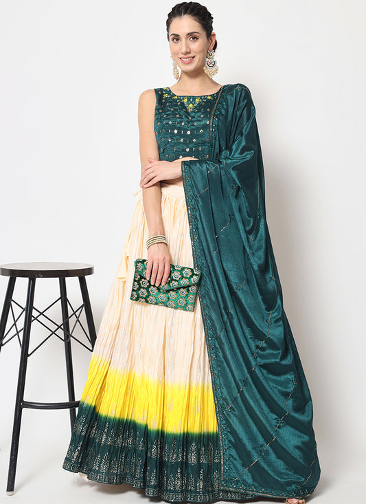 Turquoise White Ombré Sequence Embroidery Silk Lehenga Choli