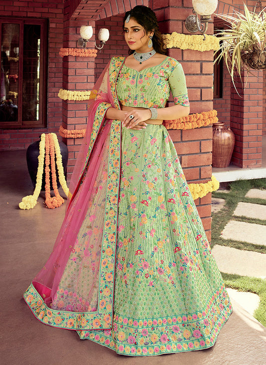 Green And Pink Reshamkari Embroidered Wedding Lehenga Choli