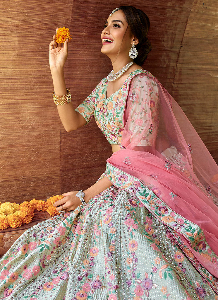 Blue Embroidered Wedding Lehenga Choli In Canada
