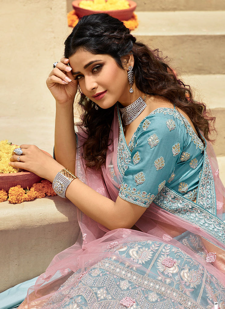 Blue Embroidered Wedding Lehenga Choli In USA
