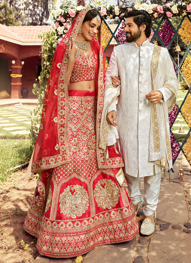 Buy Bridal Red Zari Zarkan Embroidered Wedding Lehenga Choli In UK