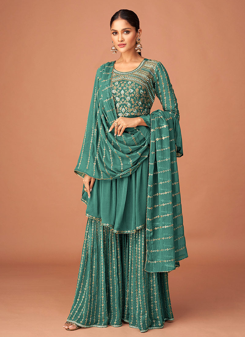 Sea Green Multi Embroidered Peplum Style Sharara Suit