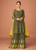 Olive Green Multi Embroidered Peplum Style Sharara Suit