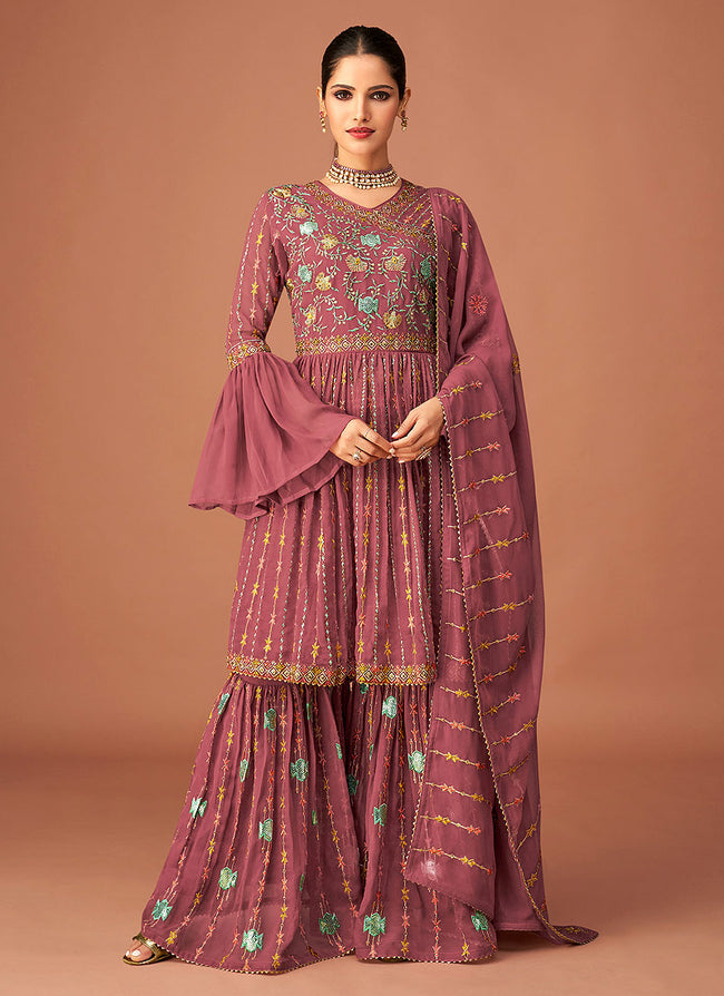 Indian Clothing -Blush Pink Multi Embroidered Peplum Style Sharara