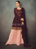 Wine And Peach Peplum Style Anarkali Lehenga