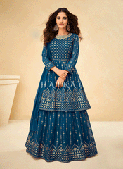 Deep Turquoise Embroidered Georgette Traditional Lehenga