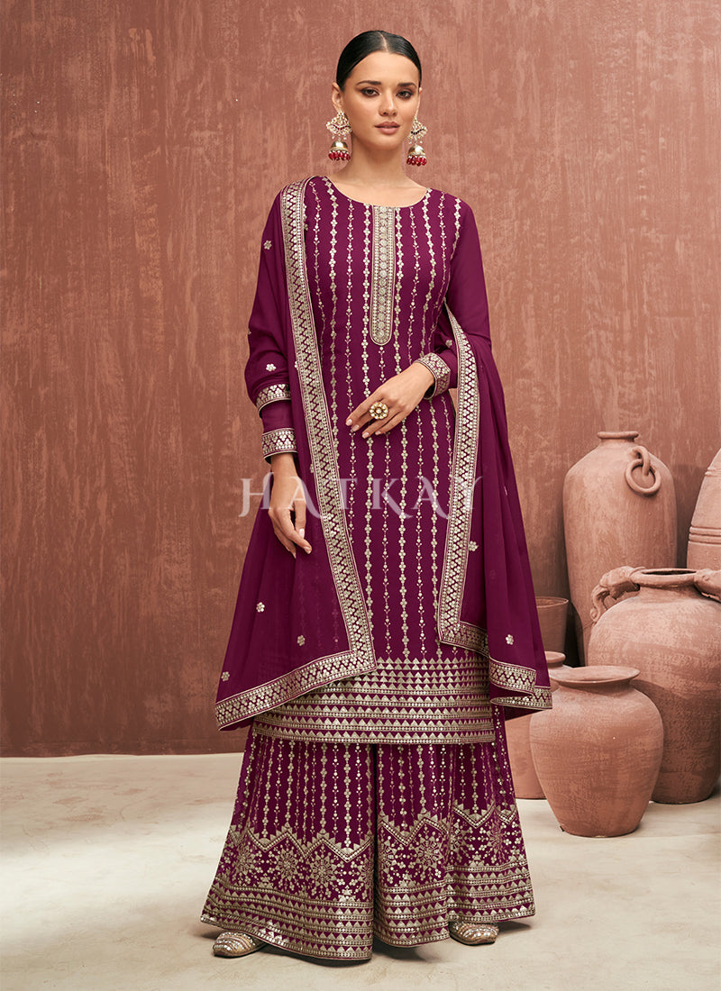 Magenta Embroidered Georgette Gharara Suit