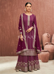 Magenta Embroidered Georgette Gharara Suit