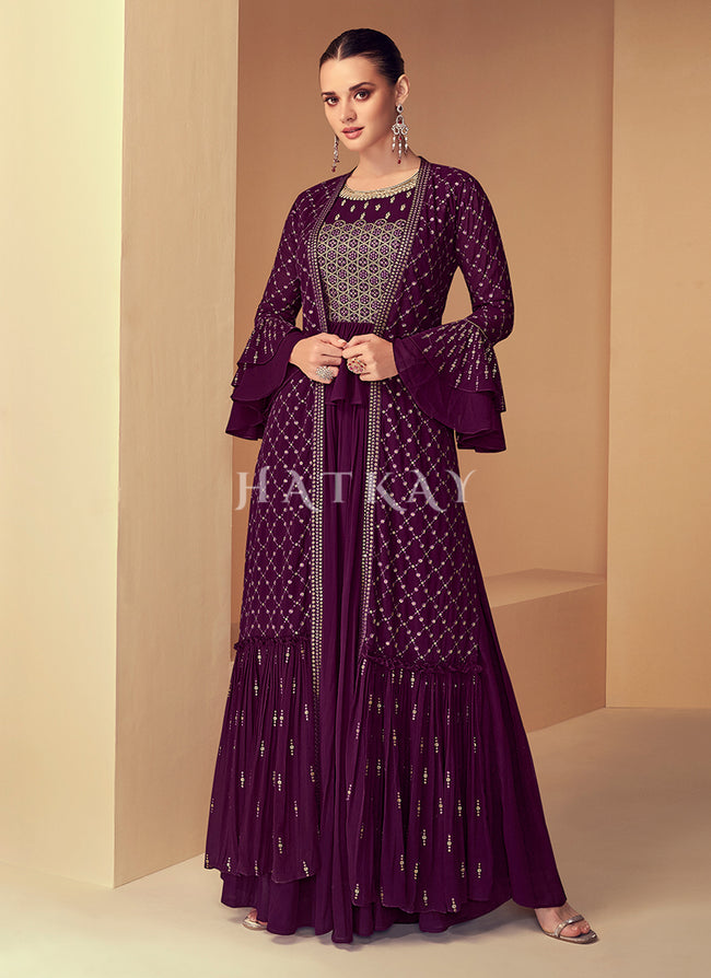 Wine Sequence Embroidered Jacket Style Gharara Suit