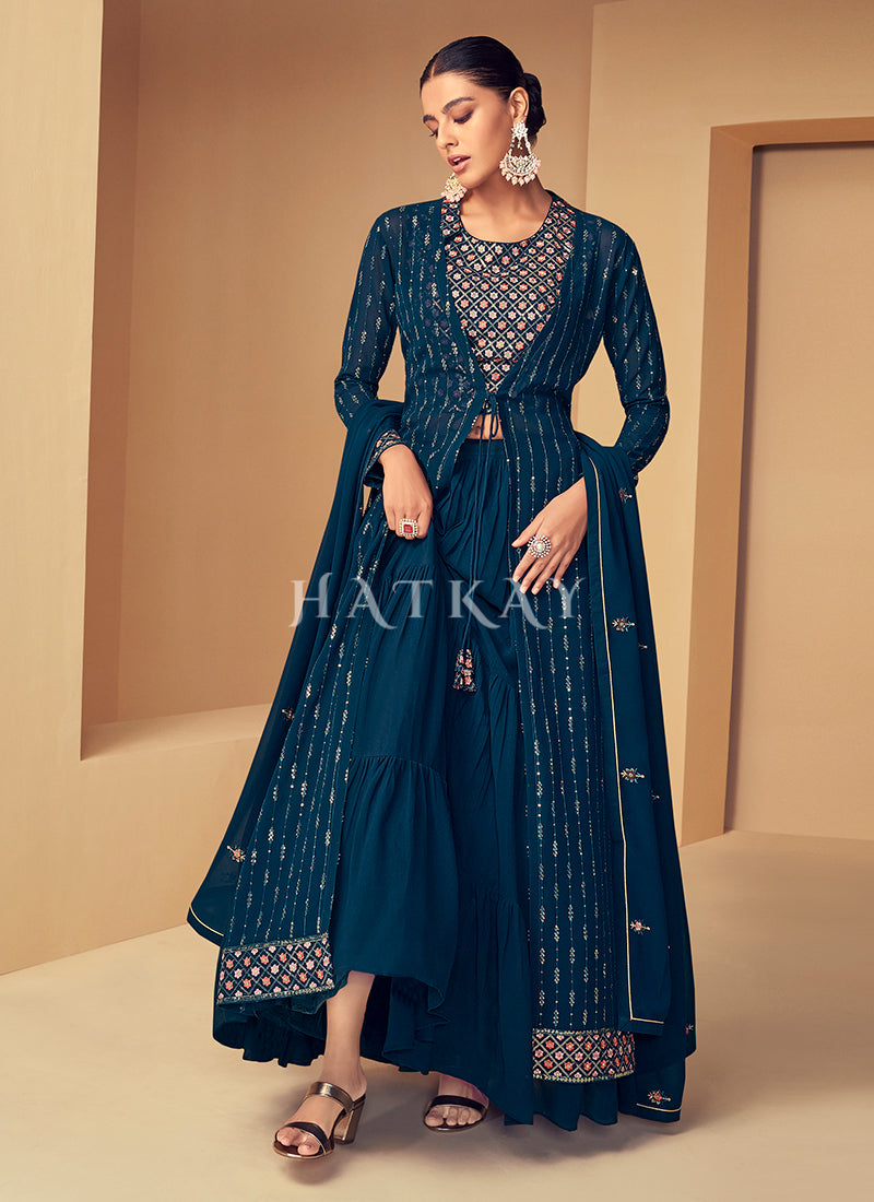 Turquoise Sequence Embroidered Jacket Style Gharara Suit