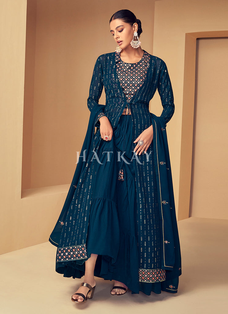 Turquoise Sequence Embroidered Jacket Style Gharara Suit