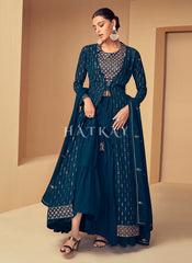 Turquoise Sequence Embroidered Jacket Style Gharara Suit