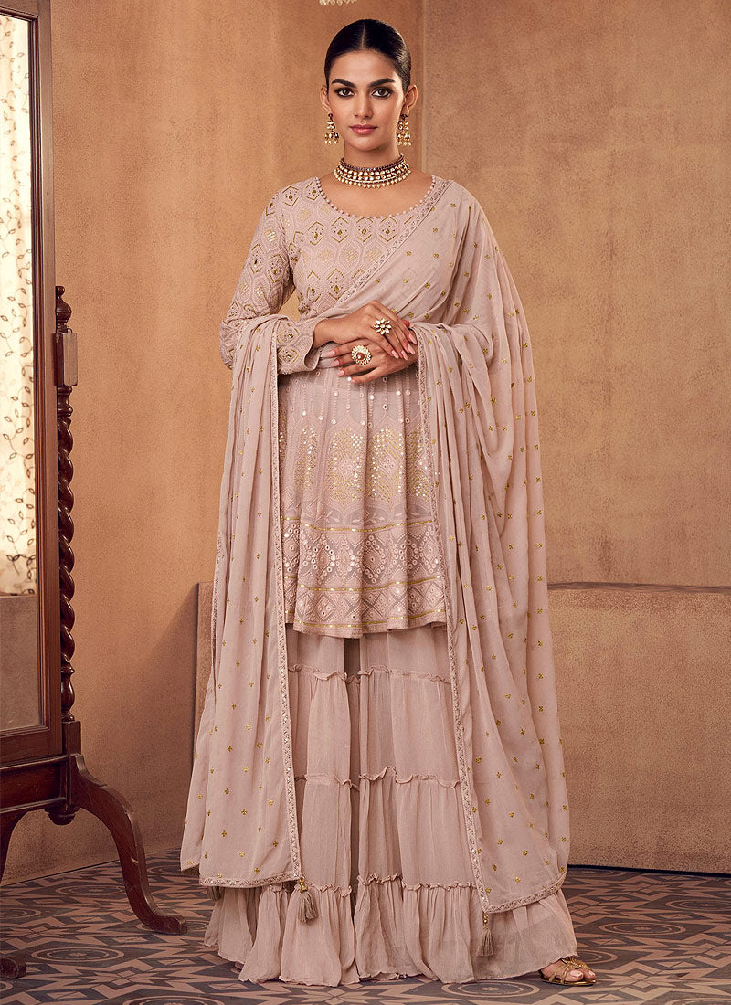 Pale Pink Mirror Work Embroidery Anarkali Gharara Suit