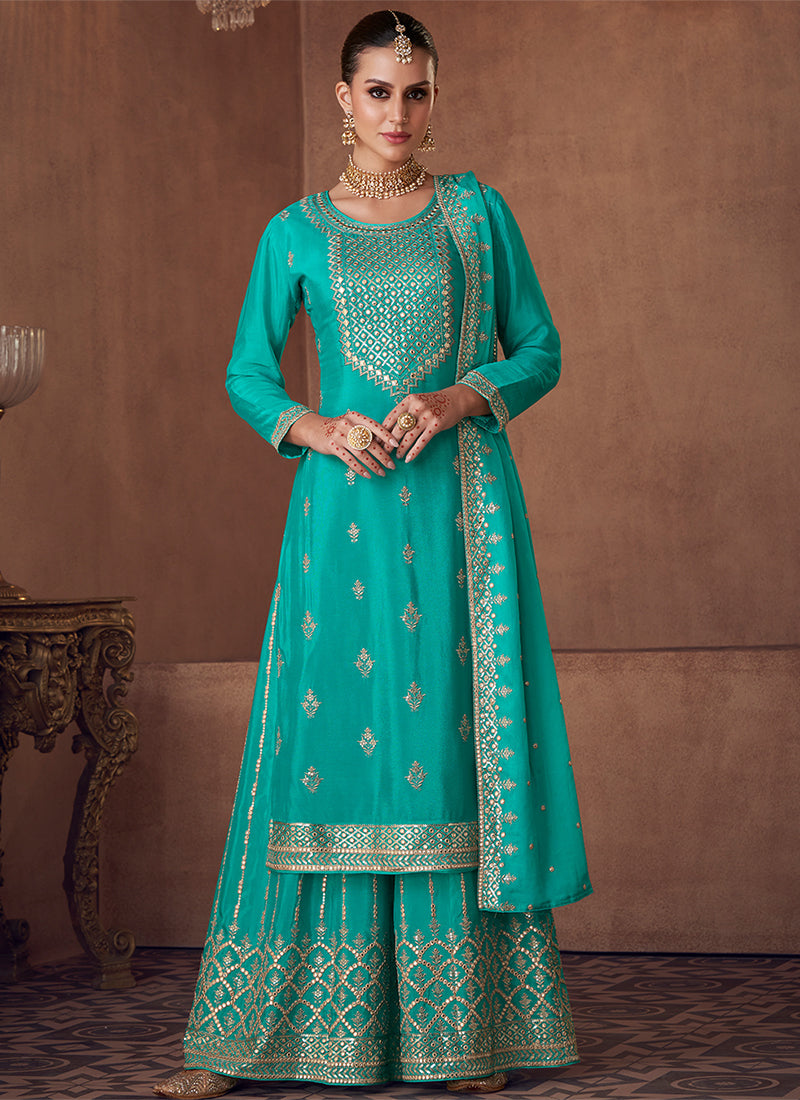 Turquoise Designer Embroidery Festive Palazzo Style Suit