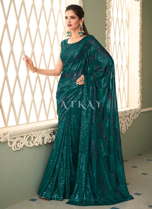 Emerald Green Sequins Embroidery Georgette Saree