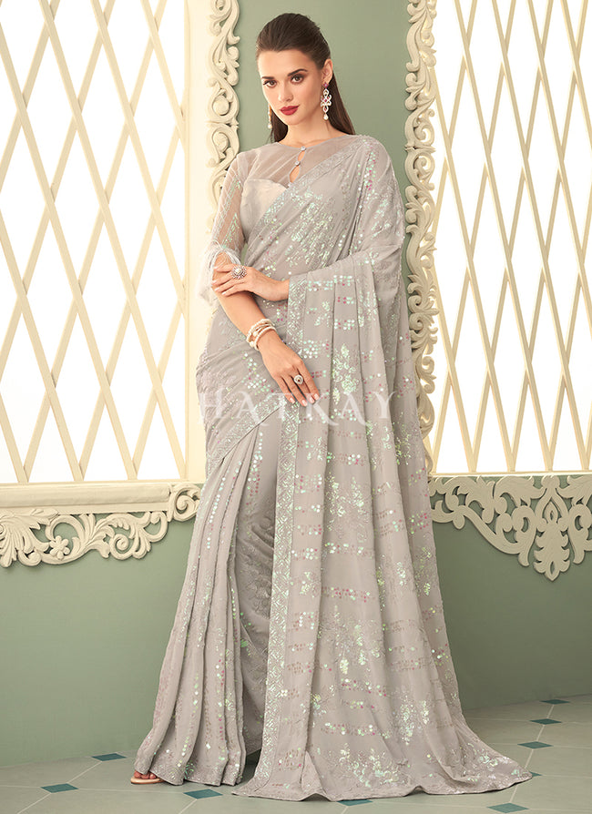 Pearl White Sequins Embroidery Georgette Saree